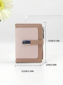 Women Short Contrasting Color Patchwork Wallet, Fashion Woven Texture Multifunctional Card Case Holder Coins Purse, Elegant Snap Closure Young Student Large Capacity Zipper Card Holder, Convenient Lightweight Fashionable Suitable For Holiday Gift - Pink - View 8