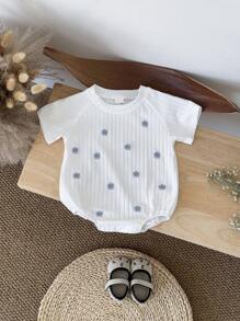 Newborn Baby Girl Sweet Embroidered Ditsy Floral Short Sleeve Romper, Summer