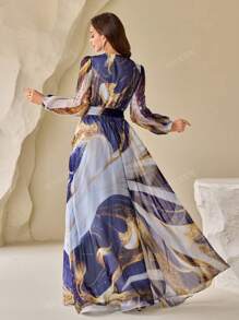 Robe élégante à manches longues en forme de lanterne avec ceinture, col en V, imprimé floral aléatoire et manches bouffantes pour femmes