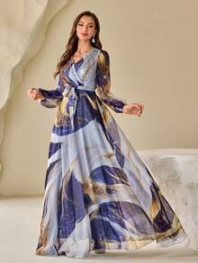 女士 V 领随机花卉印花泡泡袖优雅长灯笼袖连衣裙（配腰带）