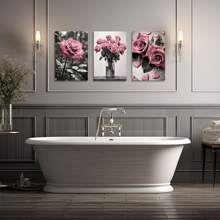 Set de 3 tablouri pe pânză cu trandafiri roz înfloriți, cu ramă, poster rustic cu imprimeu floral roz, alb-negru, pentru living contemporan, baie, dormitor, hotel, pensiune, apartament, vilă, galerie, sală de clasă, cameră pentru copii, bucătărie, sufragerie, casă de la țară, studio, birou, decorațiune de birou, gata de agățat