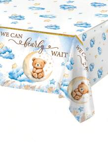 1pc 220*130CM Cartoon Blue Bear Pattern Disposable Tablecloth Table Cover,We Can Bearly Wait Babe Shower Decor Table Cover Happy Birthday Party Decorations Wedding Accessories,Home Party Supplies Background Table Flag