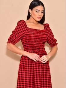 Helena Plaid Crepe Midi Dress With Short Sleeves - Red - View 3