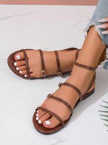 Women's Fashionable Golden Simple Flat Sandals, Solid Color Buckle Shiny Fashionable And Comfortable Open Toe Sandals, 2025 New Summer Glamorous High-End Round Toe Sandals, Casual Women's Shoes Suitable For Outdoor And Party Wear, Sexy Shoes For Women,Ladies Shoes,Gold Shoes,Sparkly Sandals,Gold Sandals,Snake Pattern,Suitable For Vacation And Beach Fun