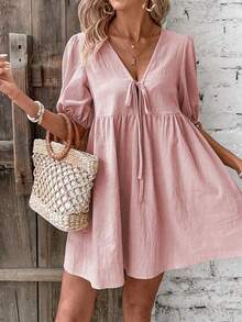 Women's Pink Puff Sleeve Casual V-Neck Tie Waist Short Dress For Summer - Pink - View 1