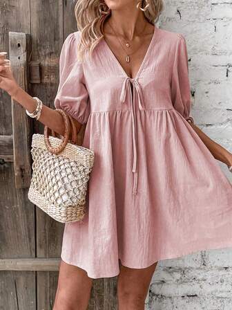 Women's Pink Puff Sleeve Casual V-Neck Tie Waist Short Dress For Summer