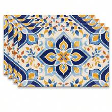 A Set Of 4/6pcs With Blue Patterns, Table Placemats, Made Of Machine Washable Polyester Fiber, This Rectangular Heat-Resistant Placemat Is Heat-Resistant, Stain Resistant, Waterproof, And Easy To Clean. It Is Suitable For Desktop Decoration, Holiday Party Decoration, And Desktop Protection, And Is Suitable For Both Home And Outdoor Use