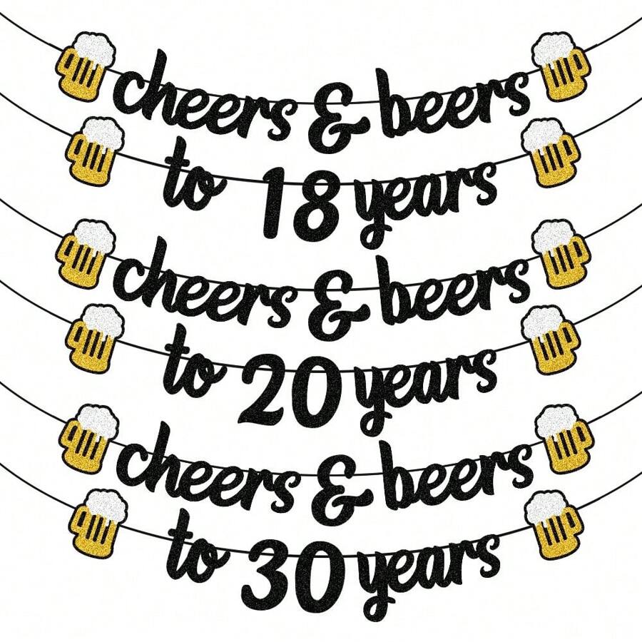 1 set Brindis por 18/20/30/40/50/60/70/80 años Banner con brillo negro para suministros y decoraciones de fiesta de cumpleaños o aniversario