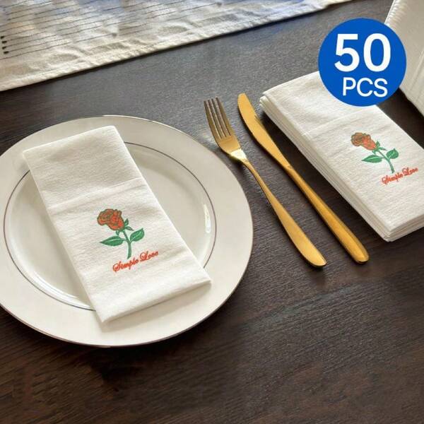 10pcs-50pcs Disposable Cutlery Set With Large Rose Design, Including Napkin, Placemat, Dust-Free Paper Napkin, Linen Texture Pre-Folded Guest Towel For Party Decoration, Cocktail Party, Reception, Hotel, Restaurant, &
