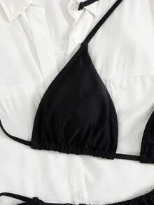 Women's Solid Color Halter Sexy Bikini Beach Vacation Two Pieces Swimwear Set, Spring/Summer - Black - View 3