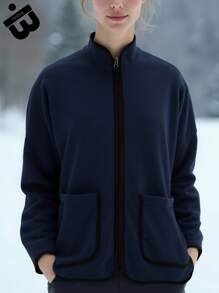 Jachetă de damă din fleece cu buzunare contrastante - Îmbrăcăminte de exterior cu mânecă lungă și guler înalt, fermoar complet, pentru călătorii de iarnă, naveta în aer liber și îmbrăcăminte confortabilă în straturi, de zi cu zi