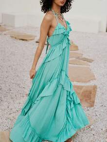 Women Y2K Summer Boho Long Dress Sleeveless Deep V Neck Halter Neck Layered Ruffle Maxi Dress Flowy Swing Beach Dress - Mint Blue - View 3