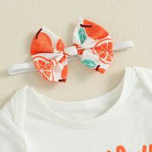 Half Way To One Newborn Baby Girls Birthday Outfits Letter Print Romper Bodysuit Top + Strawberry/Ice Cream/Orange/Watermelon Print Shorts + Bow Headband 3Pcs Clothes Set - 橘色 - 查看 7