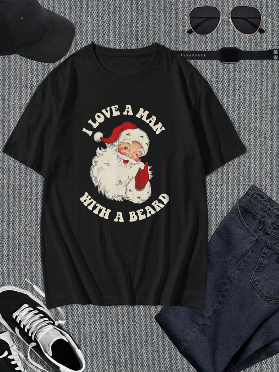 Camiseta divertida de Papá Noel con barba navideña - Regalo único de Navidad para hombres, mujeres y parejas - Camiseta gráfica festiva - Camiseta informal negra de manga corta - Negro - Ver 1