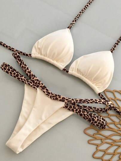 Nuevo traje de baño sexy de estilo europeo y americano para mujer con cuello de halter y copa triangular con lazo para la playa y el spa