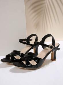 春夏新款时尚粗跟黄色女士高跟凉鞋 - 黑色 - 查看 4