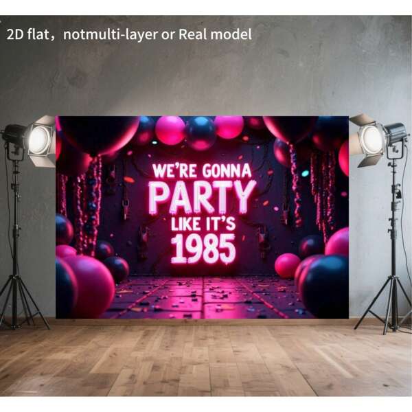 1 pano de fundo vibrante para fotografia de festa de 1985 - balões rosa e pretos, letreiro de neon "Queremos festejar como 1985", faixa, decoração de parede em vinil para comemoração de 40 anos e eventos retrô, cabine fotográfica pronta para uso interno/externo, decoração de festa, 2D plano, sem camadas ou modelo real