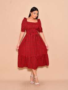 Helena Plaid Crepe Midi Dress With Short Sleeves - Red - View 1