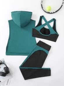 女士纯色抽绳连帽背心，拼色运动胸罩和紧身裤套装，高弹力针织面料，运动套装