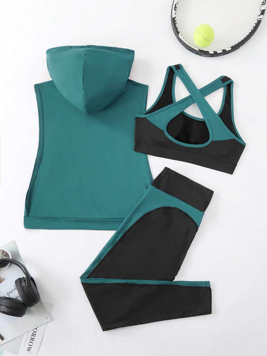 女士纯色抽绳连帽背心，拼色运动胸罩和紧身裤套装，高弹力针织面料，运动套装