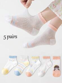 5 Pairs Of 1-16 Year Old Girls' Spring And Summer Mesh Socks, Short Socks, Comfortable, Breathable, Student Socks, Floral, Cute