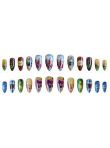Set de 24 uñas postizas con diseños de cordero y dibujos animados estilo Y2K, con 1 pieza de pegamento de gel y 1 pieza de lima de uñas
