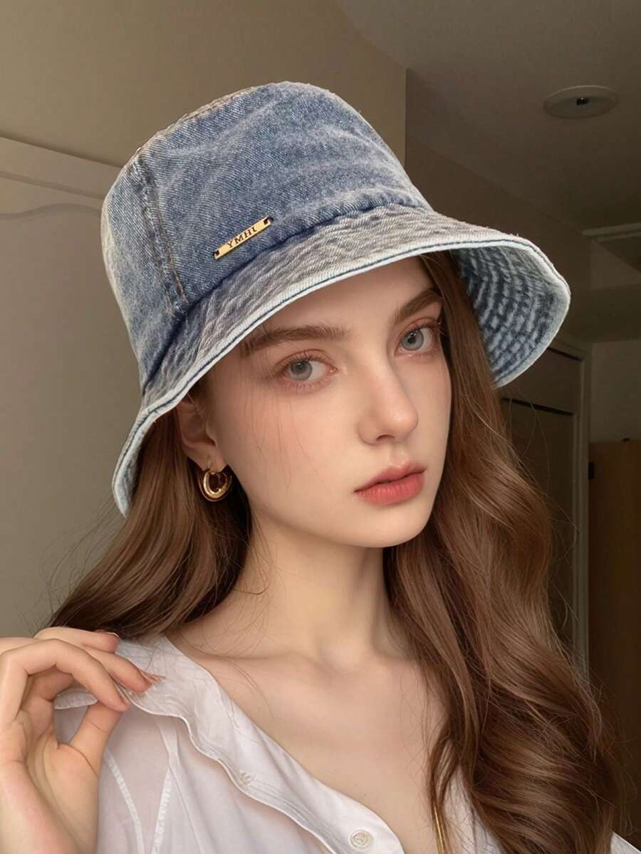 1pc Solid Color Bucket Hat With Letter Decoration, Vintage Style, Versatile, Foldable, High Quality Sunshade Hat Suitable For Daily Wear, Travel, Hiking, Fishing, Concerts, Dates, Beach - Baby Blue - View 1
