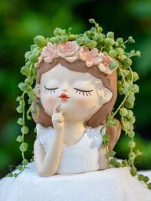 1 个多肉植物花盆人脸形状和可爱仙人掌设计树脂花盆，带排水孔，创意装饰，非常适合送给女士和男士的礼物、办公室和花园装饰。