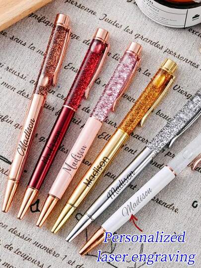 Personalized Engraved Glitter Pen, Customized Liquid Quicksand Ballpoint Pen, Women's Stationery Gift, Office Supplies, Writing Tools. Back To School Season, Multifunctional, Decorative, Reusable, Modern, Colorful, Cute, Retro, Cartoon, Kawaii, Customized, Personalized, Unique, Customized, Employees, Clients, Students, Business/Work/Office, School, Comfortable Autumn Desert, Office Decor, New Job, Office Supplies