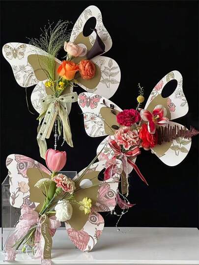 1pc Simple Butterfly Handheld Flower Box, Small Bouquet Packaging Paper Card, Suitable For Birthday Bouquets, Festival Events, Holiday Parties Portable Bouquet Packaging, Graduation Season, Valentine's Day Single Rose, Carnation Bouquet Packaging