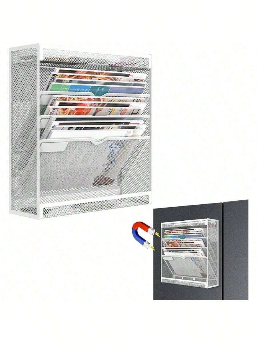 5 Tier Magnetic File Holder, No Drilling Wall File Organizer, Magazine Paper Mail Document Holder/Magnetic Hanging File Organizer For File Cabinets,Whiteboard Refrigerator,Office,Classroom(Black) - White - View 1