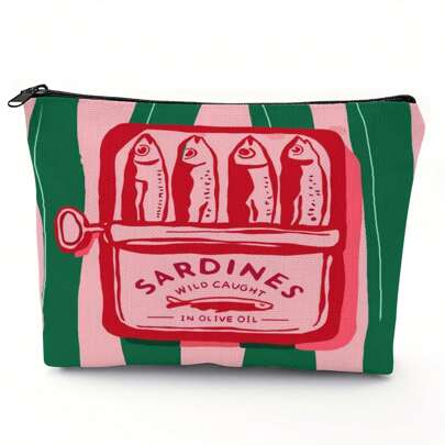 Retro Sardine Pattern Unisex Foldable Cosmetic Bag, Spacious Zipper Pouch, Versatile Toiletry Bag, Travel Essential, Coin Purse, Pencil Case, Great Gift For Family, Friends, Teachers For Children's Day, Halloween, April Fools' Day, Back To School, Graduation, Thanksgiving, Birthday, Party