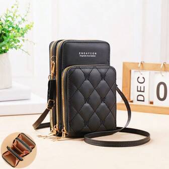 女士蝴蝶刺绣菱形图案多功能拉链手机钱包，大容量单肩斜挎包，带信用卡槽，适合工作、郊游、海滩、派对、商务，是送给女性的绝佳礼物