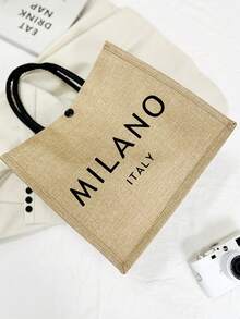 2 件/套亚麻手提袋，包括一个米兰字母印花手提袋和一个印花小包，字母，花朵，个性化礼品包装，黄色亚麻黑色手提袋配黑色扣，小包和大包组合，适合婚礼，生日，海滩，假期，是送给女性，母亲，老师，朋友，伴娘，大包，学生和返校的完美礼物 - 卡其色 - 查看 7