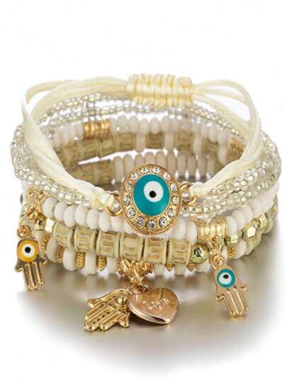 1 set de ciucuri retro boem, inimă, ciucuri în formă de palmă, brățară elastică cu margele, potrivită pentru femei, purtare zilnică sau cadou