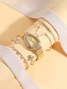 5 件/套青少年简约优雅罗马数字条形表盘不锈钢石英表 + 水钻蝴蝶手链首饰套装，适合生日礼物、毕业礼物、日常装扮（无盒） - 香檳色 - 查看 1