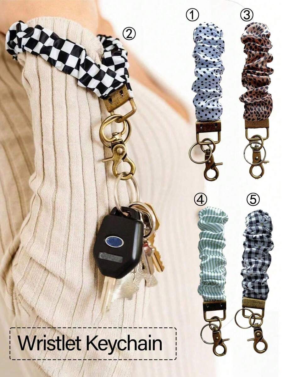 女士腕带钥匙扣，发圈手链钥匙圈，带夹子，弹性腕带，可挂车钥匙，格子、雏菊、条纹图案。女士礼物，钥匙扣腕带，女士礼物