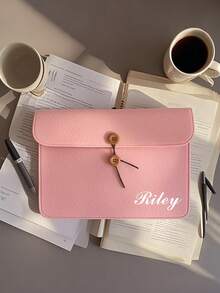 Customized Felt A4 Document Bag With Name Text, Personalized Button File Folder, Customized Name Business Portfolio Briefcase, Button Closure Storage Pouch, Felt Document Bag, Envelope Design, Minimalist Style, Portable Business Vertical Carrying Case,Back To School,School Supplies,Office Decor