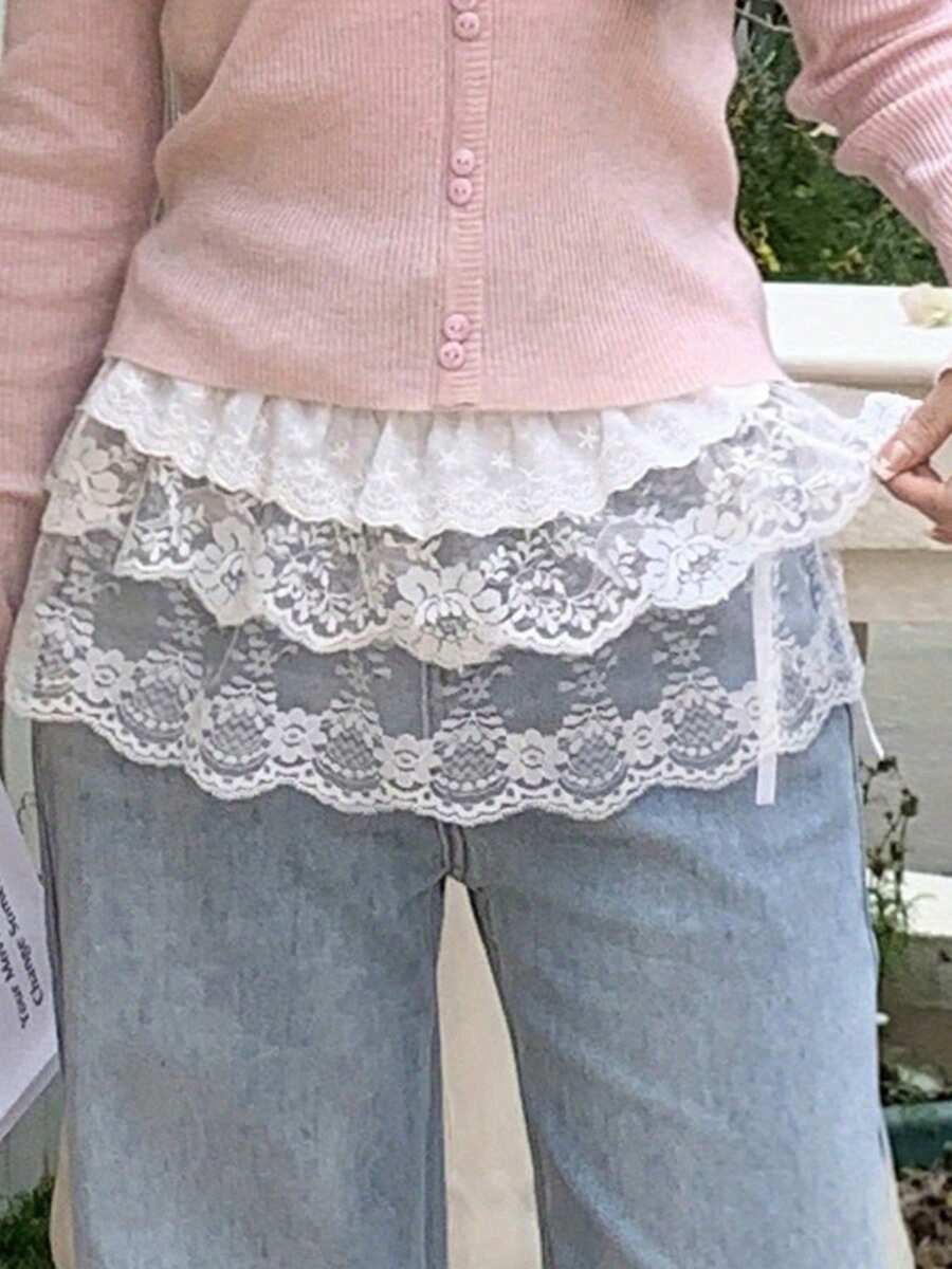 Womens Lace Shirt Extender Flower See Through Tie-Up Half Shirts For Layering Clothing Accessories - trắng - Xem 1