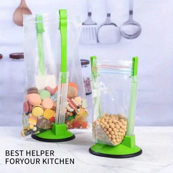 1 pieza Soporte para bolsas de plástico sin manos, con base de goma antideslizante y brazo ajustable - Soporte autoportante para bolsas de galón para la cocina, el congelador, el almacenamiento de alimentos - Diseño plegable que ahorra espacio y libera las manos para llenar las bolsas | Soporte de pinza resistente, dispensador de bolsas de la compra, estante para bolsas de plástico/de cierre hermético, para bolsas de preparación de comidas, utensilios de cocina, ideal para camping, picnics, vacaciones, equipo de camping, artículos esenciales de camping