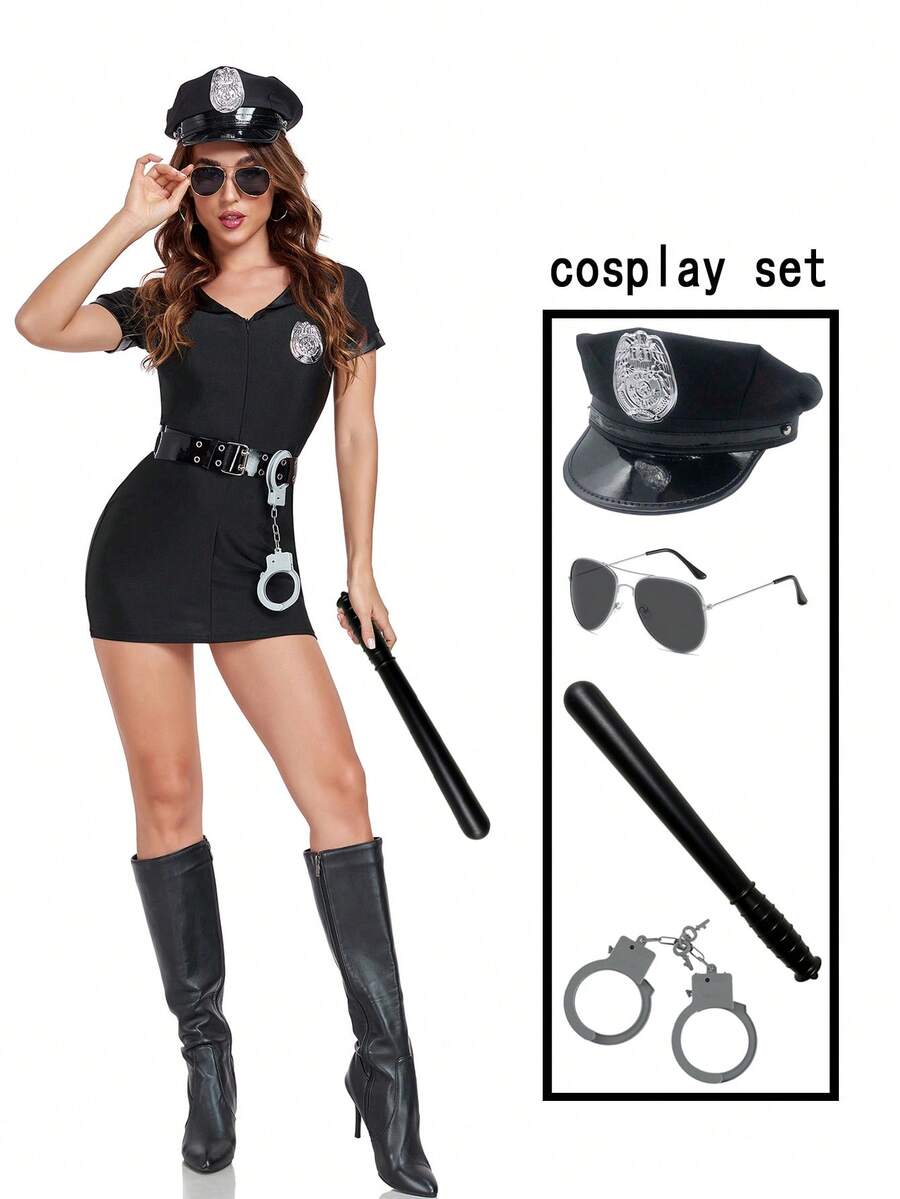 Hat Set, Halloween Solid Color Hat, Glasses, Handcuffs, Baton, Costume Party Accessories, Cosplay Props, Non-Metal Handcuffs, Non-Metal Baton, Party Decorations, Valentine's Day, Personalized Dress Up, Sexy Outfit, Suitable For Daily Outings, Summer, Beach, Vacation - Multicolor - View 1