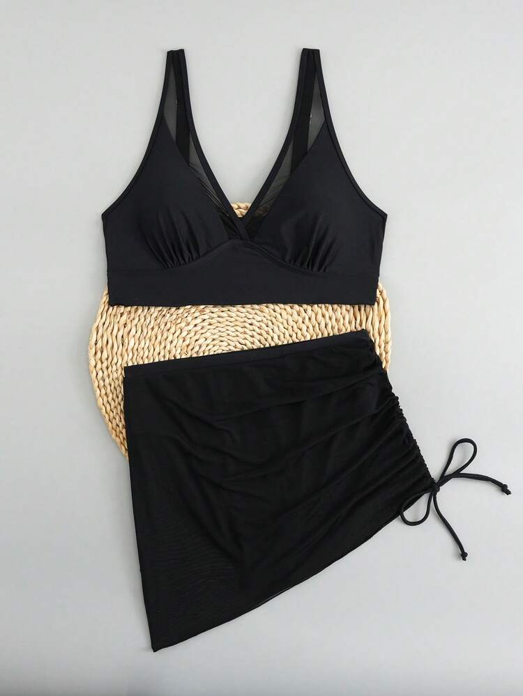 Ensemble de bikini 2025 avec jupe en maille, traversée des frontières vers l'Europe et l'Amérique, bikini moulant amincissant avec cordon de serrage à la taille pour le contrôle du ventre, maillot de bain pour les vacances à la plage, noir, été - Noir - Voir 6