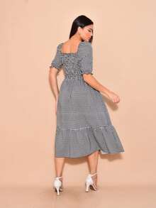 Helena Plaid Crepe Midi Dress With Short Sleeves - Black - View 2