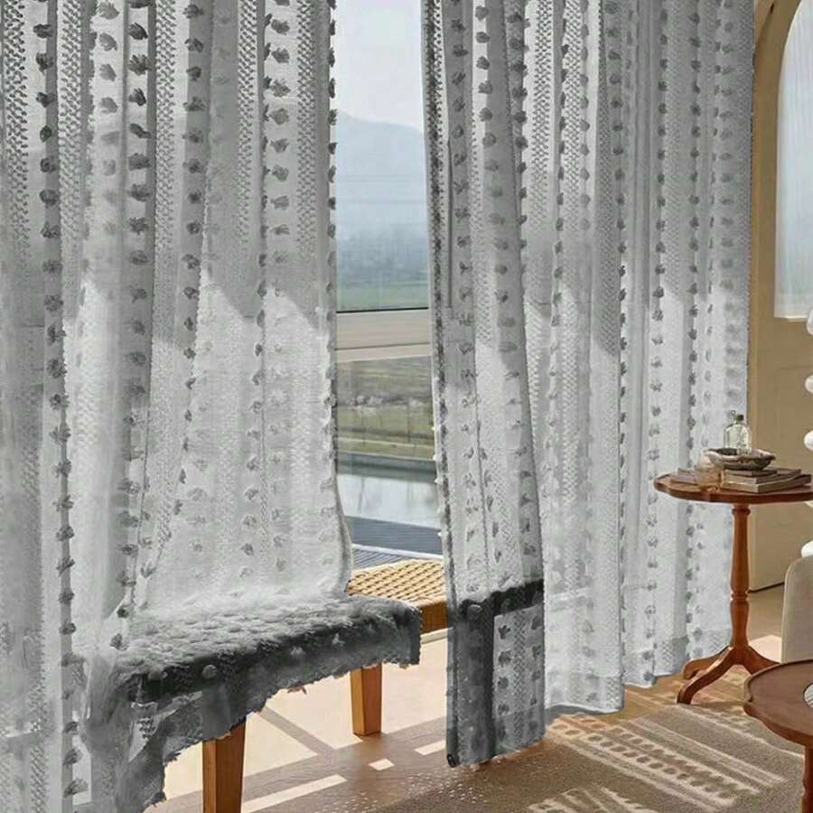 1pc Pom Pom Tulle Curtain, Home Decor