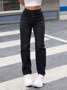 Pantalones jeans rectos para mujeres en denim negro, con botones frontales y detalles decorativos, tela suave y elástica, ideales para estilos casuales y modernos - Negro - Ver 1