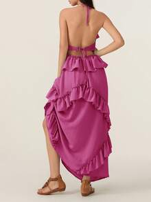 Women Y2K Summer Boho Long Dress Sleeveless Deep V Neck Halter Neck Layered Ruffle Maxi Dress Flowy Swing Beach Dress - Purple - View 7