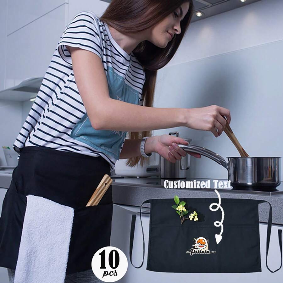 10pcs/5pcs/1pc Customizable Kitchen Short Apron With Multiple Pockets, Suitable For Coffee Shop, Restaurant, Cake Shop, Bakery, Pizza Shop And Household Use