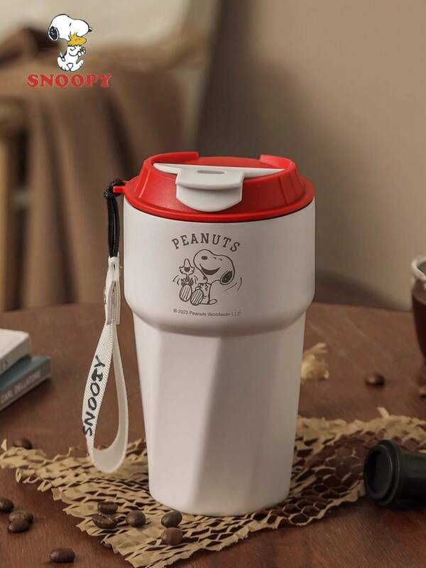 SNOOPY 1 pièce Tasse isotherme en acier inoxydable SNOOPY, Mug à café portable avec sangle, pour l'extérieur, la voiture, les sports, les boissons froides et chaudes, unisexe