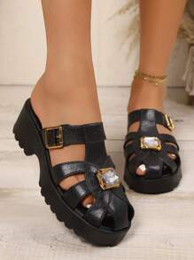 Damen Sandalen mit dicker Sohle, offener Zehenpartie, Strass-Verzierung, atmungsaktiv, Lässig, retro, Plateausohle, mit Schnalle, für den Sommer