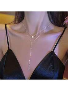 1件女士合金双层闪亮水钻项链，适合婚礼、宴会、节日、派对和日常佩戴 - 銀色 - 查看 7